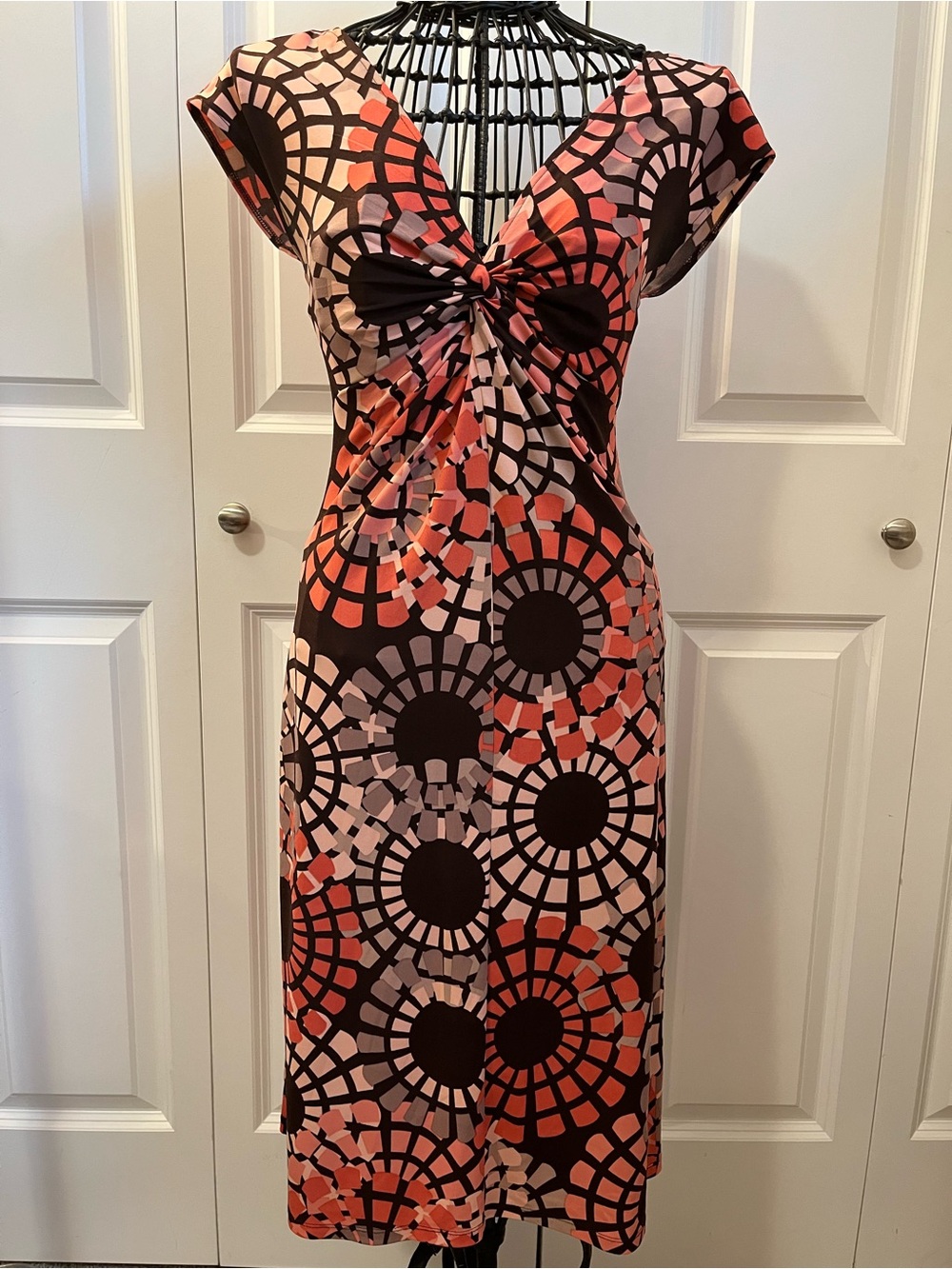 Knot-Front Midi Dress in Coral, Brown, and Pink